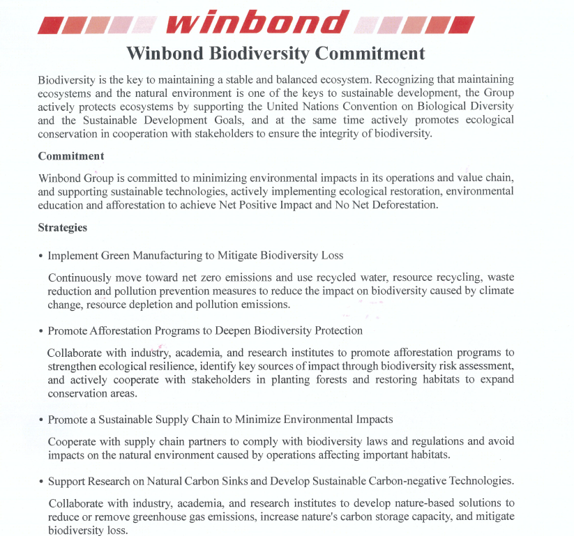 Winbond Biodiversity Commitment